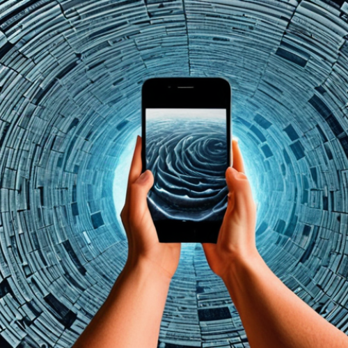 **A person trapped inside a giant smartphone, surrounded by swirling digital information (news articles, social media posts) making it difficult to see clearly. Emphasize the feeling of being overwhelmed and lost in a chaotic sea of data.**