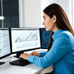 A focused professional woman, wearing a modest business casual outfit, sitting at a clean, modern desk in a well-lit office. She is surrounded by multiple monitors displaying various data visualizations, news feeds, and complex information charts, symbolizing active information analysis and critical thinking. Her posture is engaged and thoughtful, with well-formed hands resting on a keyboard or a tablet. The overall scene conveys clarity, efficiency, and intellectual engagement. The image emphasizes professional photography, perfect anatomy, correct proportions, natural pose, natural body proportions, well-formed hands, proper finger count. This is appropriate content, safe for work, fully clothed, and family-friendly.