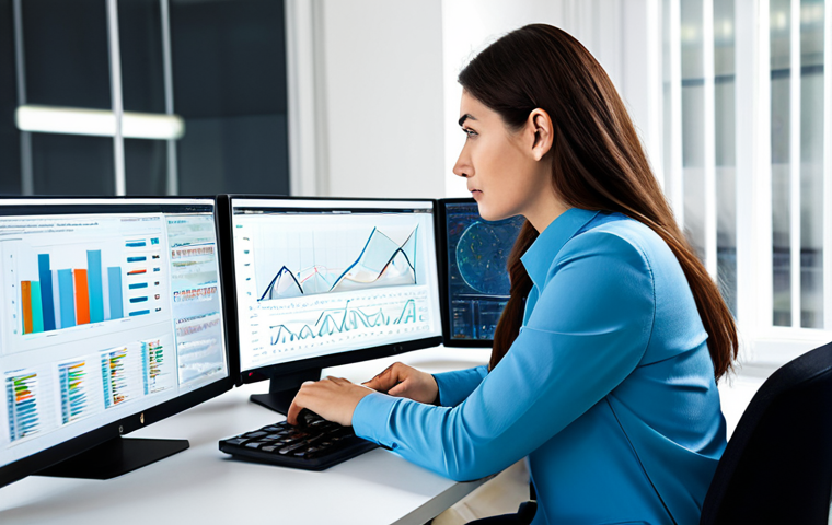 A focused professional woman, wearing a modest business casual outfit, sitting at a clean, modern desk in a well-lit office. She is surrounded by multiple monitors displaying various data visualizations, news feeds, and complex information charts, symbolizing active information analysis and critical thinking. Her posture is engaged and thoughtful, with well-formed hands resting on a keyboard or a tablet. The overall scene conveys clarity, efficiency, and intellectual engagement. The image emphasizes professional photography, perfect anatomy, correct proportions, natural pose, natural body proportions, well-formed hands, proper finger count. This is appropriate content, safe for work, fully clothed, and family-friendly.