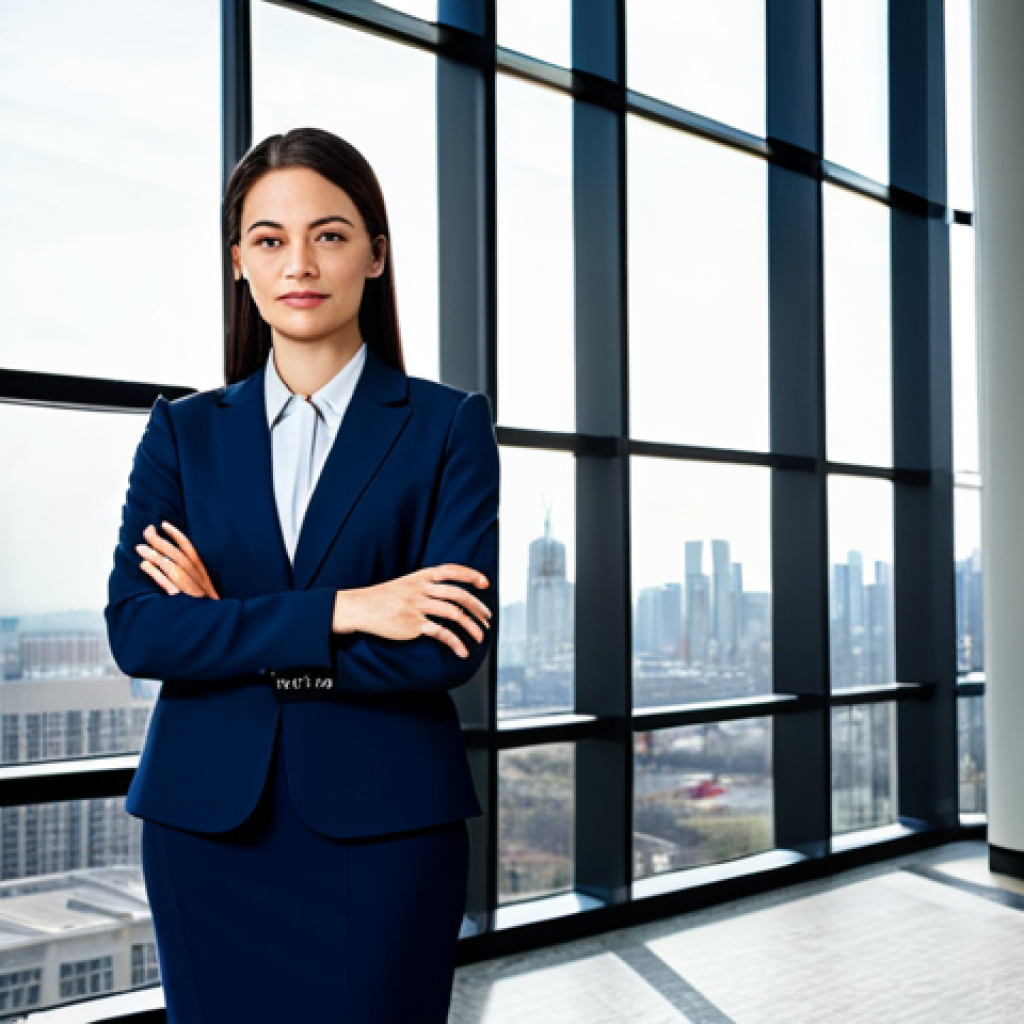 ** A professional businesswoman in a modest dark blue business suit, standing confidently in a modern office lobby with large windows overlooking a city skyline, fully clothed, appropriate attire, safe for work, perfect anatomy, natural proportions, professional photography, high quality.

**