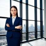 ** A professional businesswoman in a modest dark blue business suit, standing confidently in a modern office lobby with large windows overlooking a city skyline, fully clothed, appropriate attire, safe for work, perfect anatomy, natural proportions, professional photography, high quality.

**