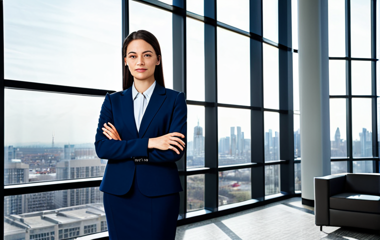 ** A professional businesswoman in a modest dark blue business suit, standing confidently in a modern office lobby with large windows overlooking a city skyline, fully clothed, appropriate attire, safe for work, perfect anatomy, natural proportions, professional photography, high quality.

**