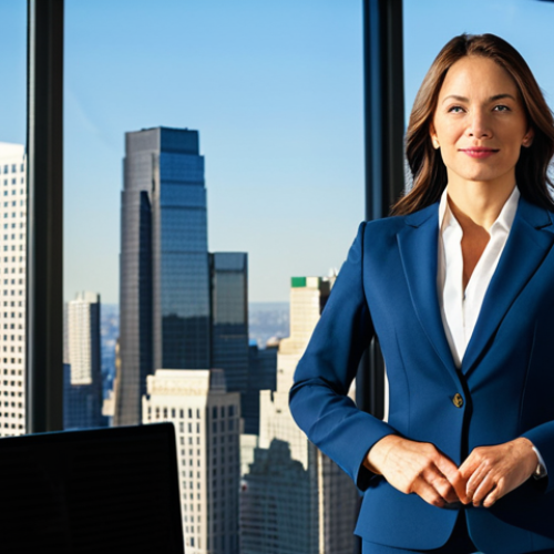 **

"A successful businesswoman in a professional, fully clothed power suit, standing confidently in a modern, sunlit office with a city skyline view, appropriate attire, safe for work, perfect anatomy, correct proportions, natural pose, sharp focus, professional corporate photography, high resolution, family-friendly."

**