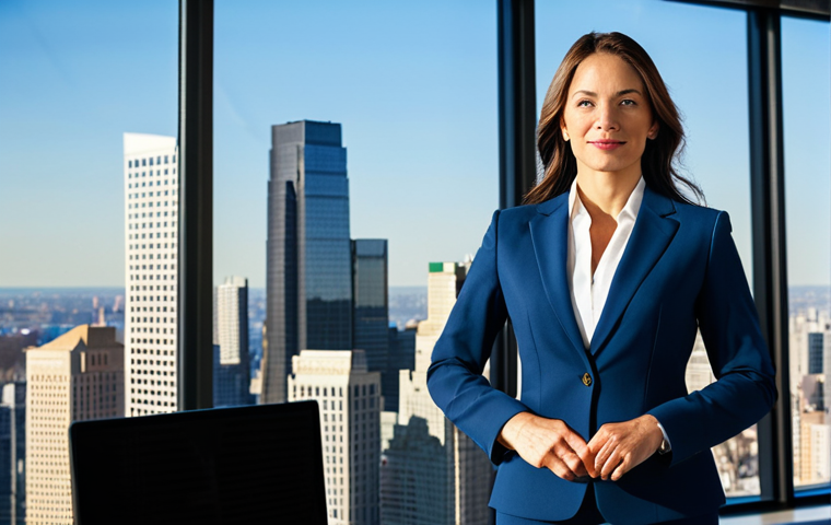 **

"A successful businesswoman in a professional, fully clothed power suit, standing confidently in a modern, sunlit office with a city skyline view, appropriate attire, safe for work, perfect anatomy, correct proportions, natural pose, sharp focus, professional corporate photography, high resolution, family-friendly."

**