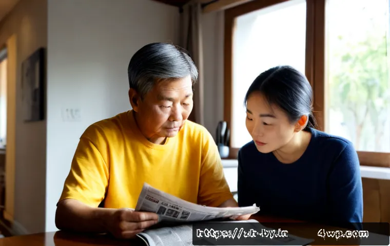 가짜뉴스의 사회적 시사점 - Photorealistic editorial scene of an older adult and a young adult sitting at a kitchen table, compa...